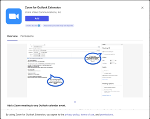 click add to install the zoom for outlook extension in your outlook web app account.